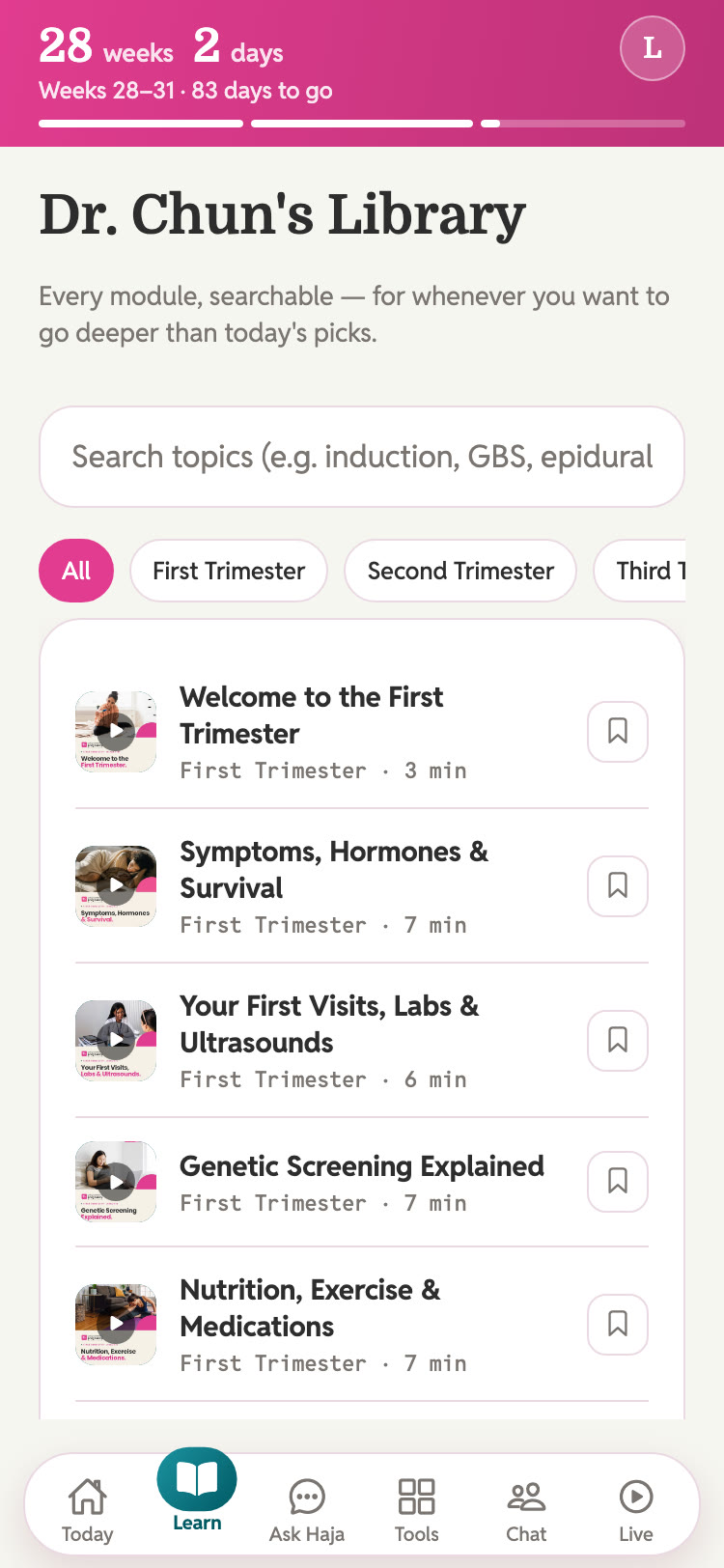 Haja Health app: the Learn screen