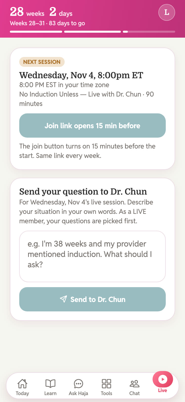 Haja Health app: the Live screen