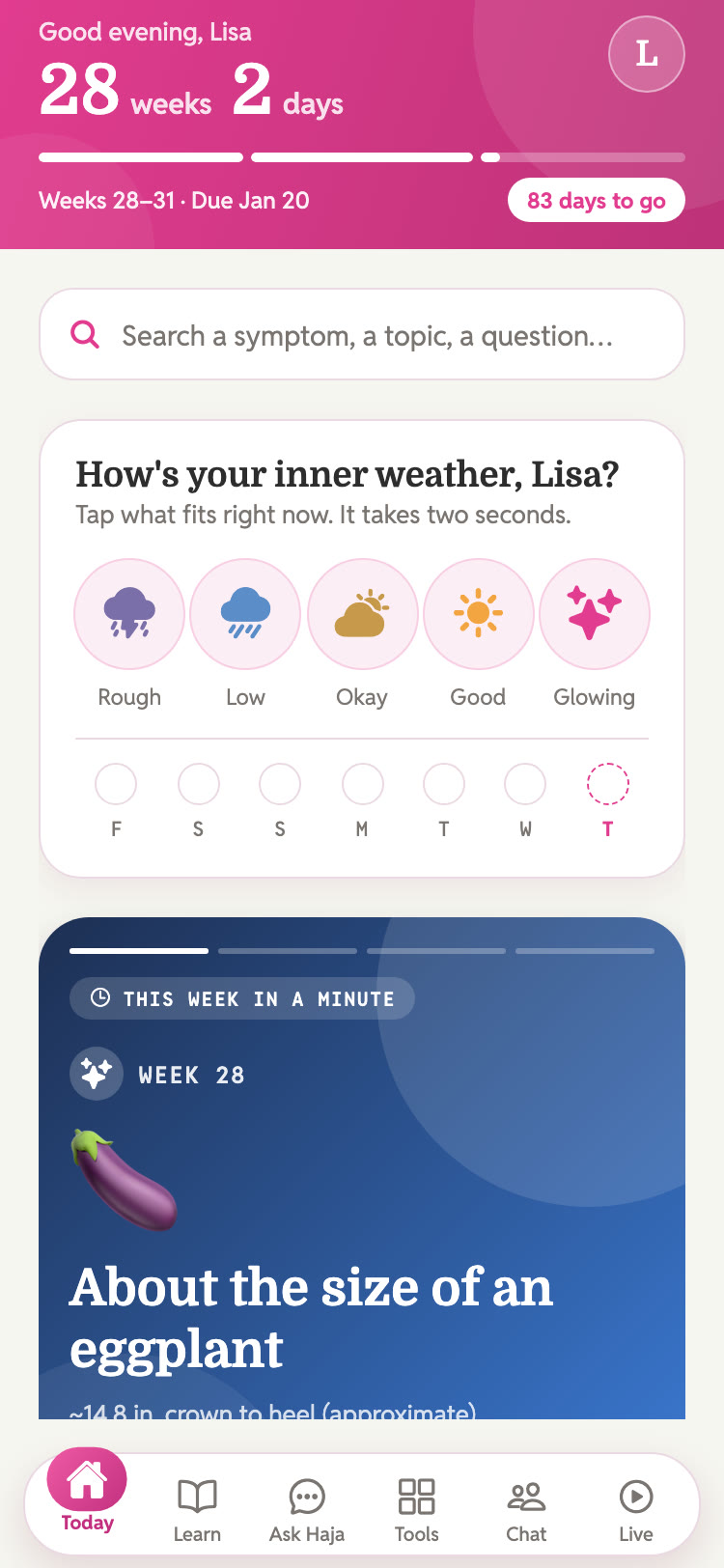 Haja Health app: the Today screen