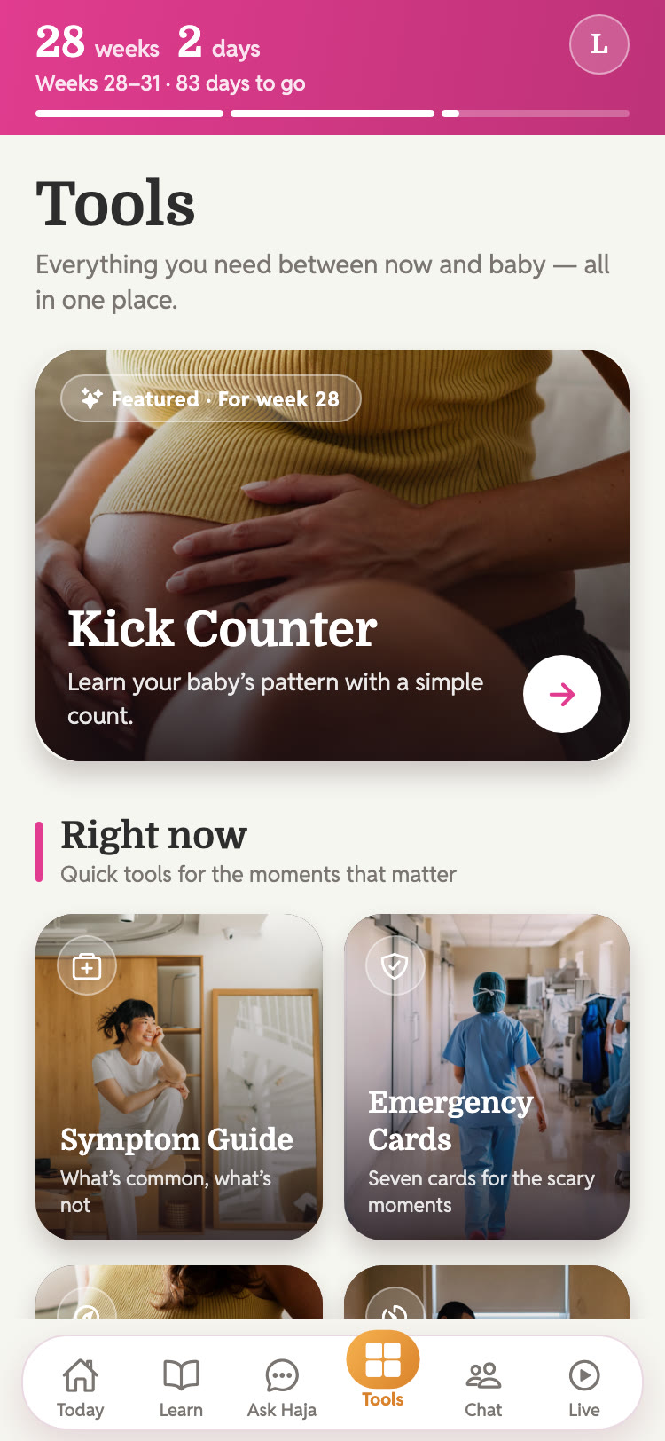 Haja Health app: the Tools screen